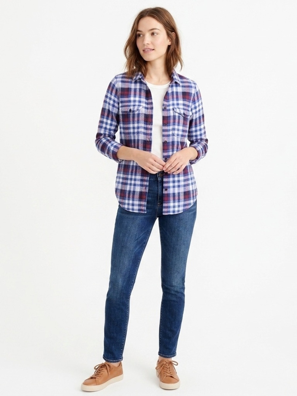 J. Crew Blue & Burgundy Cotton Plaid Flannel Button Down Shirt - Size 4